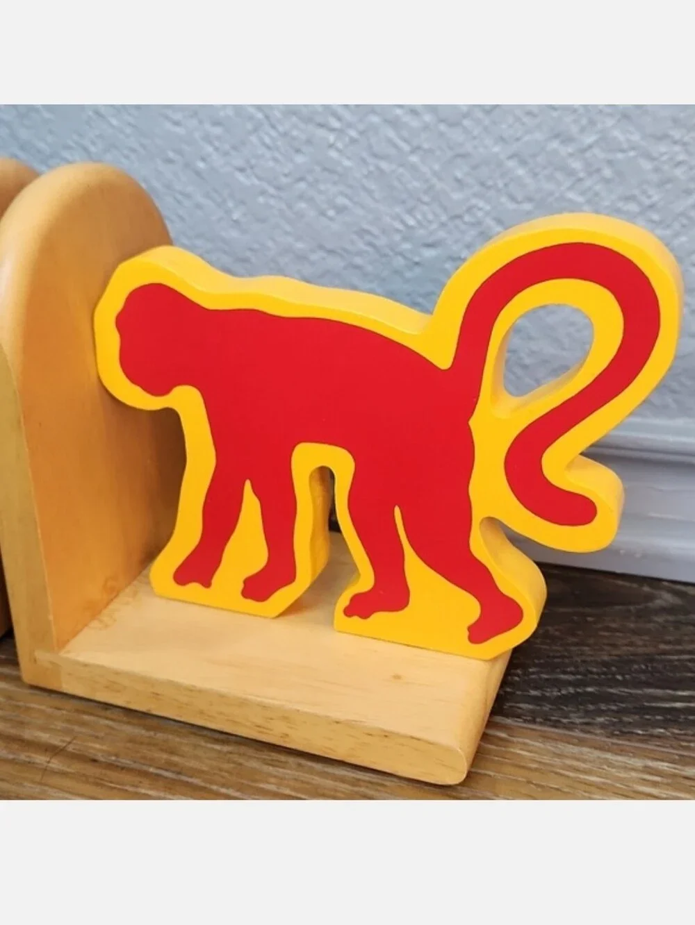 Crate & Barrel Wood Bookends Red Monkey Blue Elephant Yellow Gold